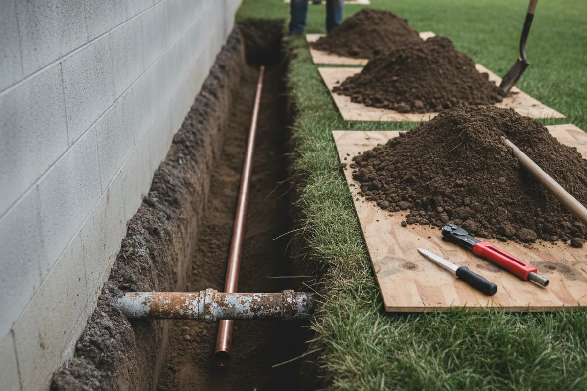 Excavated water line trench during Water Softener Installation in Edcouch